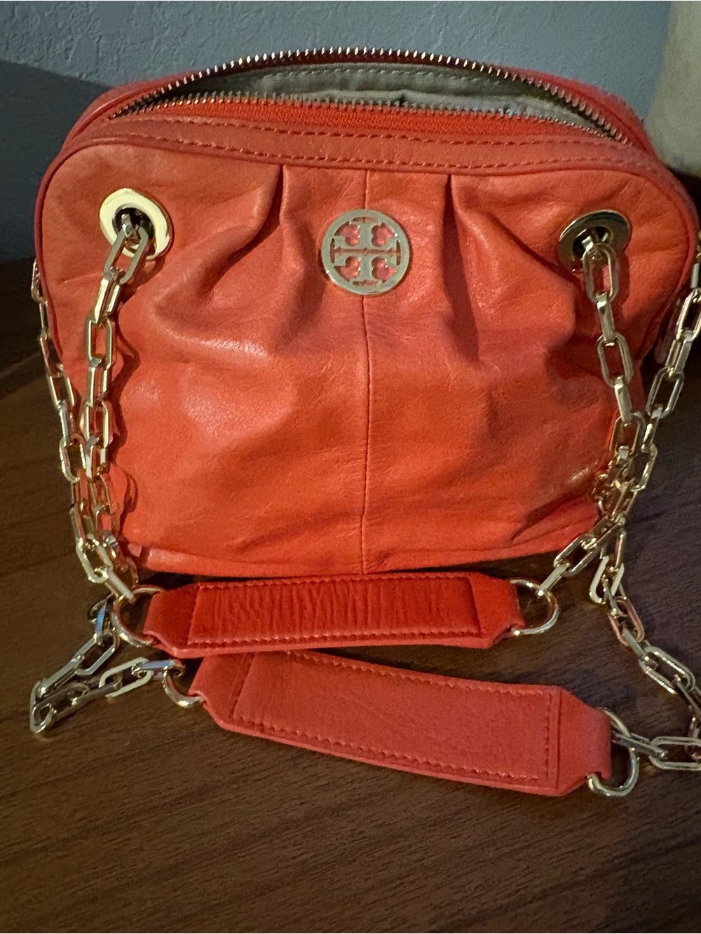 Tory Burch Orange Leather Pleated Crossbody with Gold Chain
